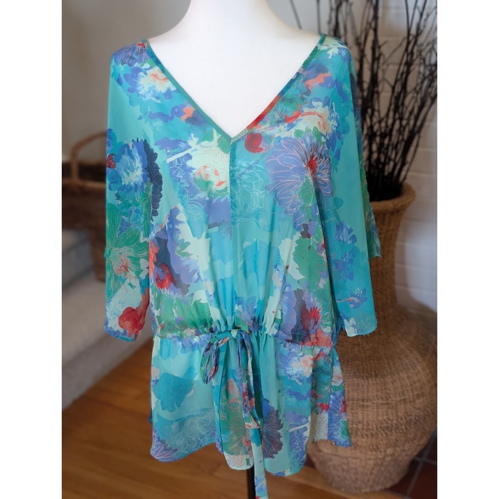 a.n.a Woman Plus Size 1X Sheer Floral V-Neck Blouse Drawstring Teal Blue Boho